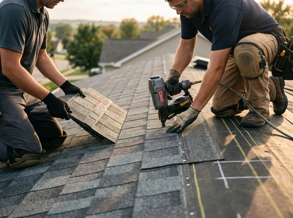 Professional roofer working on a residential roof in Southborough